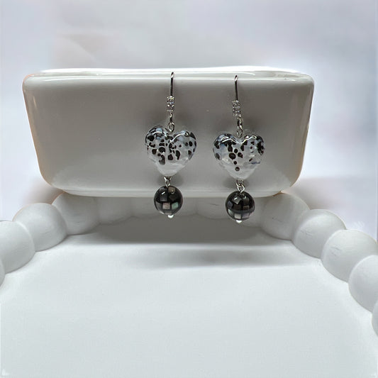 Heart Earrings in Rhodium - Black & White