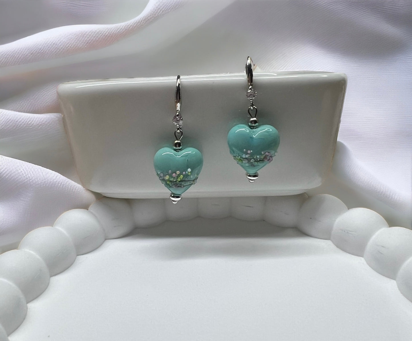 Heart Earrings in Rhodium - Turquoise