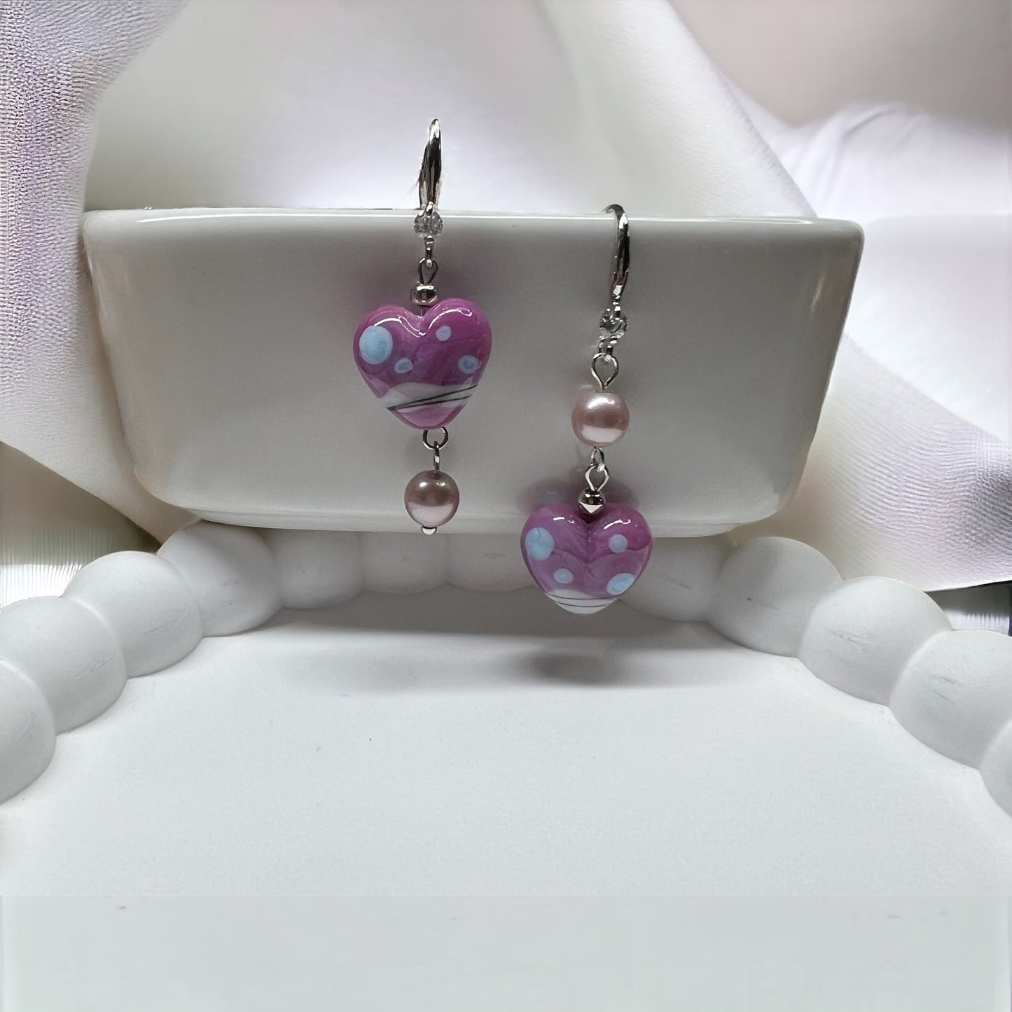 Heart Earrings in Rhodium - Purple Blue Dots