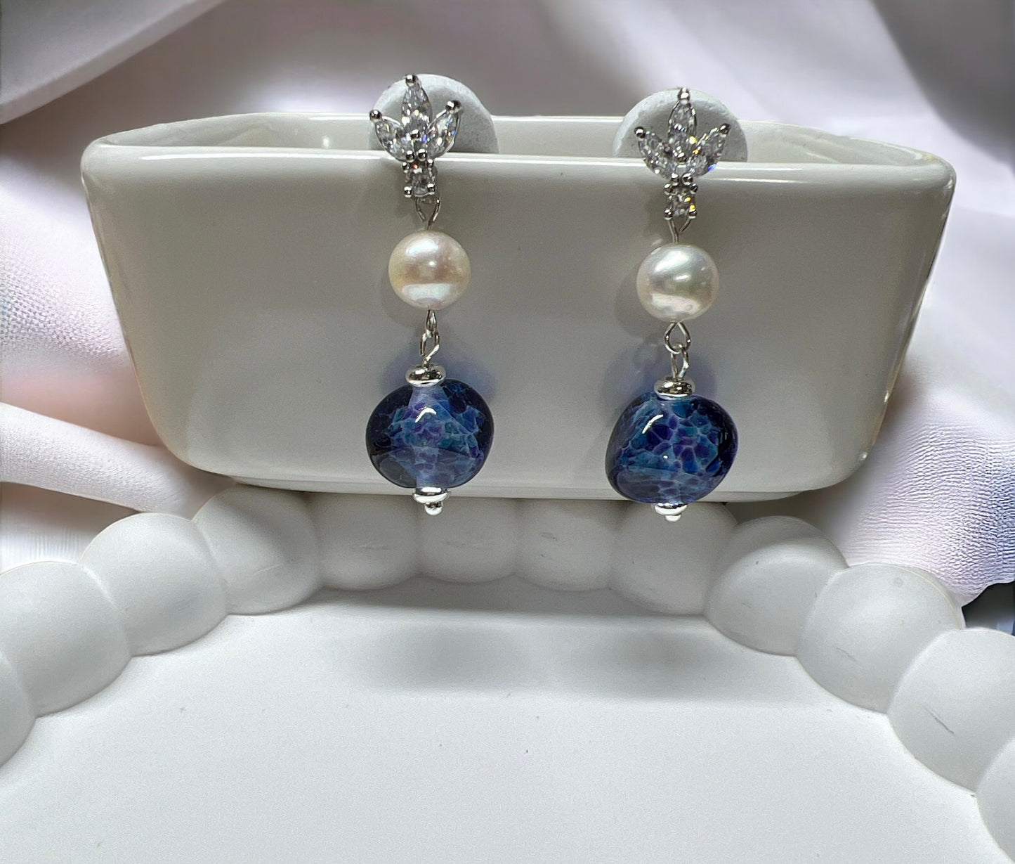 Dotty Earrings in Rhodium - Clear Blue
