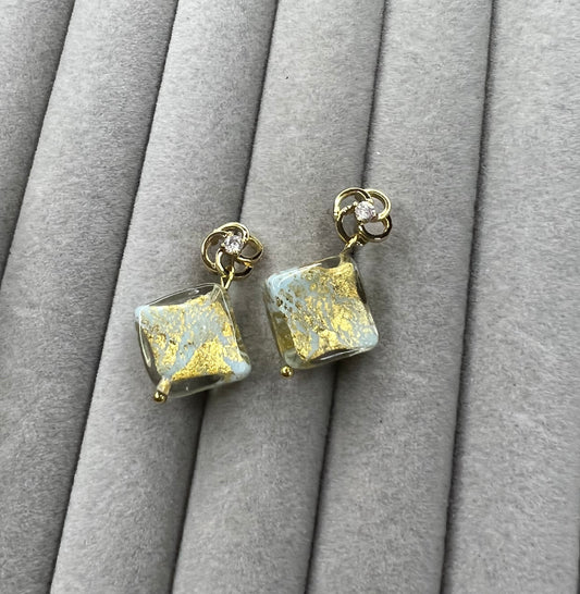 Murano (Cyan & Gold) Handmade Stud Earrings in Gold Plated