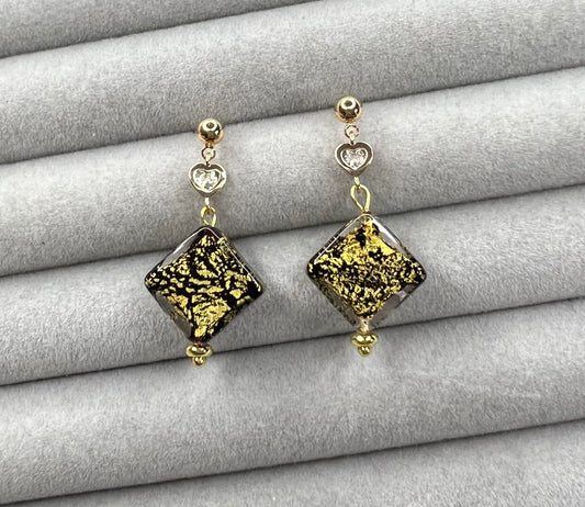 Murano (Black & Gold) Handmade Stud Earrings in Gold Plated
